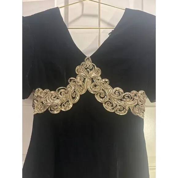 Vintage Scott McClintock Black‎ Velvet and Gold Detail Lace Dress - Picture 2 of 14